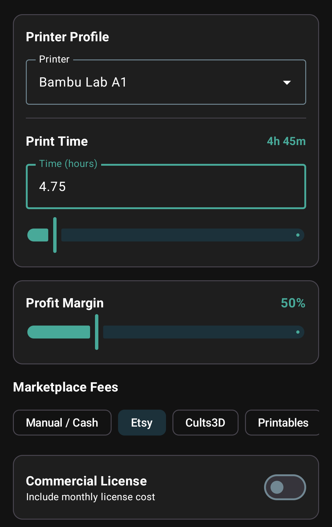 3DPrintProfit app screenshot